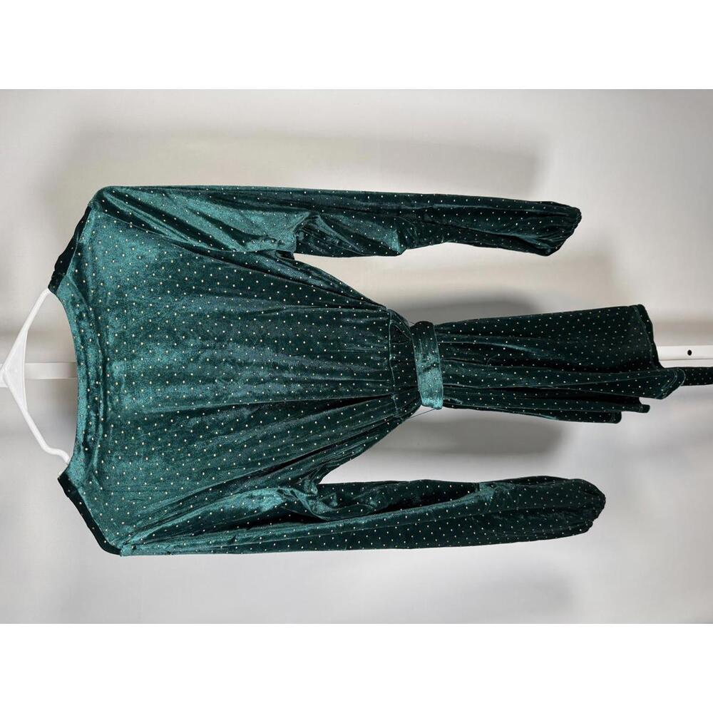 Colleen Lopez Green Velvet Studded Belted Peplum Blouse Size Medium - Picture 3 of 6